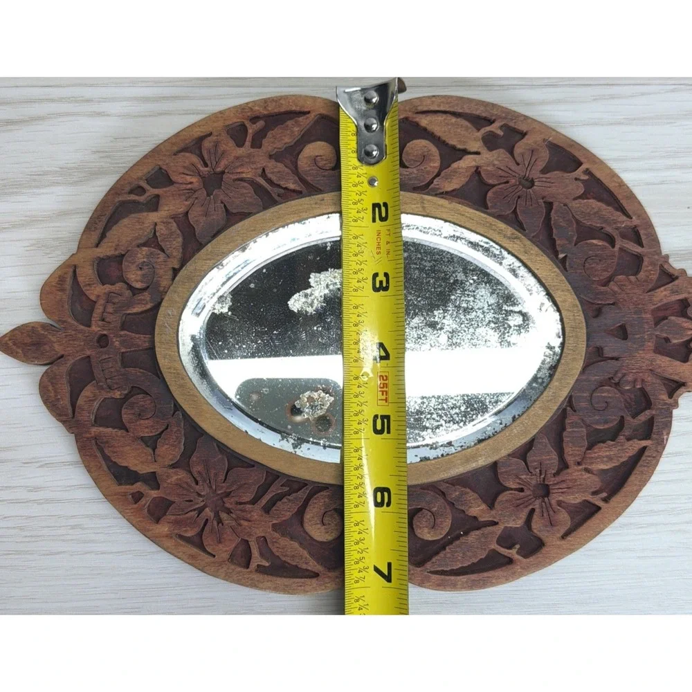 Rare Unique Lovely Antique Carved Wood / Floral Hand Mirror 15
